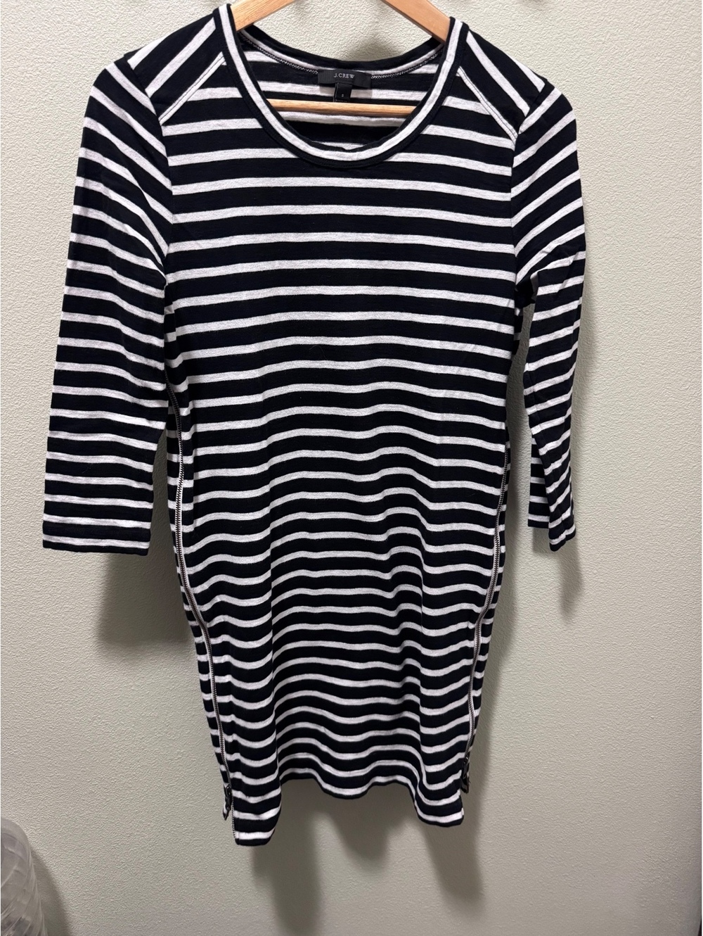 J.Crew Striped Side Zip Dress Women S Black White 100% Cotton 3/4 Sleeve